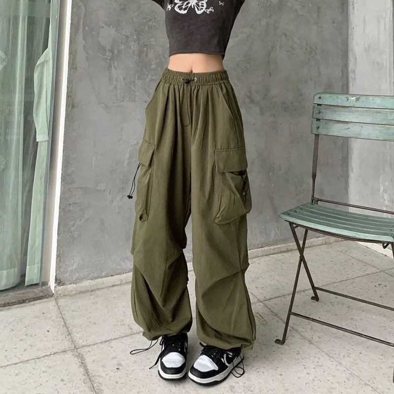 Frauen Casual Baggy Cargo Hosen Solide Low Taille Jogger Tech Hosen Kordelzug Breite Bein Baggy Hosen Y2K Streetwear Jogginghose