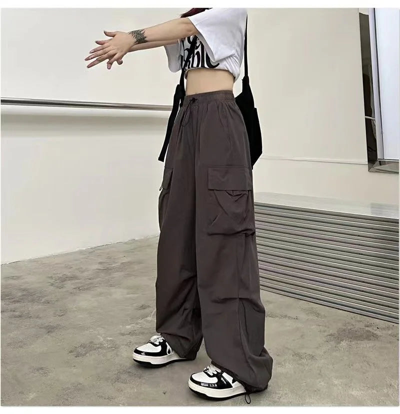 Frauen Casual Baggy Cargo Hosen Solide Low Taille Jogger Tech Hosen Kordelzug Breite Bein Baggy Hosen Y2K Streetwear Jogginghose