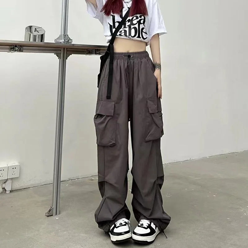 Frauen Casual Baggy Cargo Hosen Solide Low Taille Jogger Tech Hosen Kordelzug Breite Bein Baggy Hosen Y2K Streetwear Jogginghose