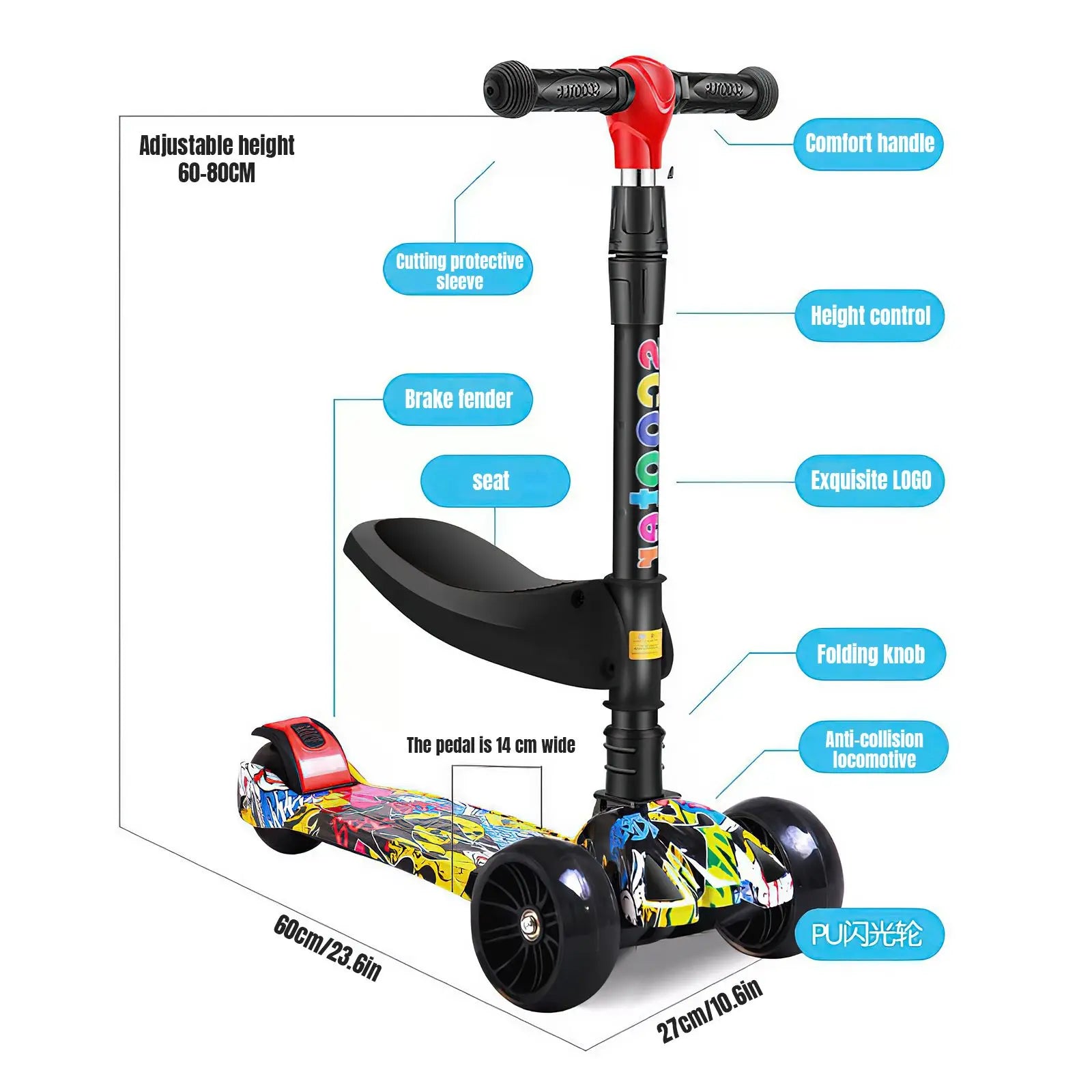 Faltbarer Kinderroller mit Pedalen, Handbremse und Bremsbelag, höhenverstellbar, für Kinder von 2-8 Jahren