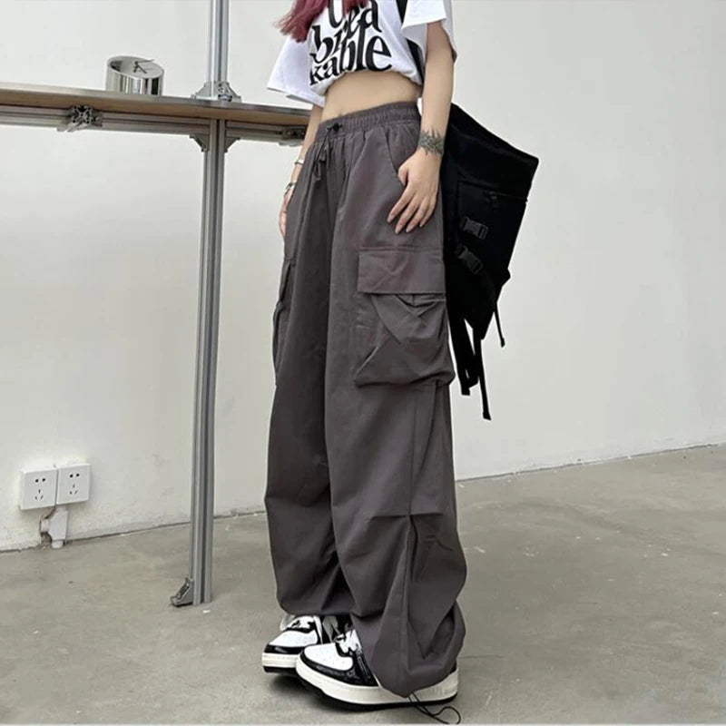 Frauen Casual Baggy Cargo Hosen Solide Low Taille Jogger Tech Hosen Kordelzug Breite Bein Baggy Hosen Y2K Streetwear Jogginghose