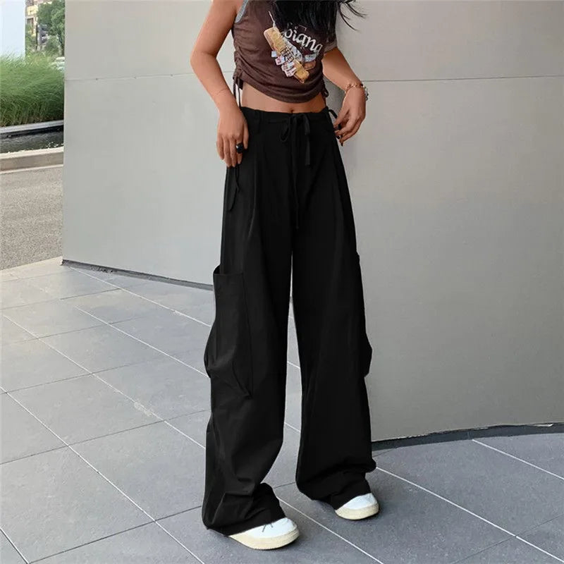 Frauen Casual Cargo Pant Feste Niedrige Taille Kordelzug Große Taschen Breite Bein Baggy Hosen Weibliche Y2K Streetwear Oversize Jogginghose