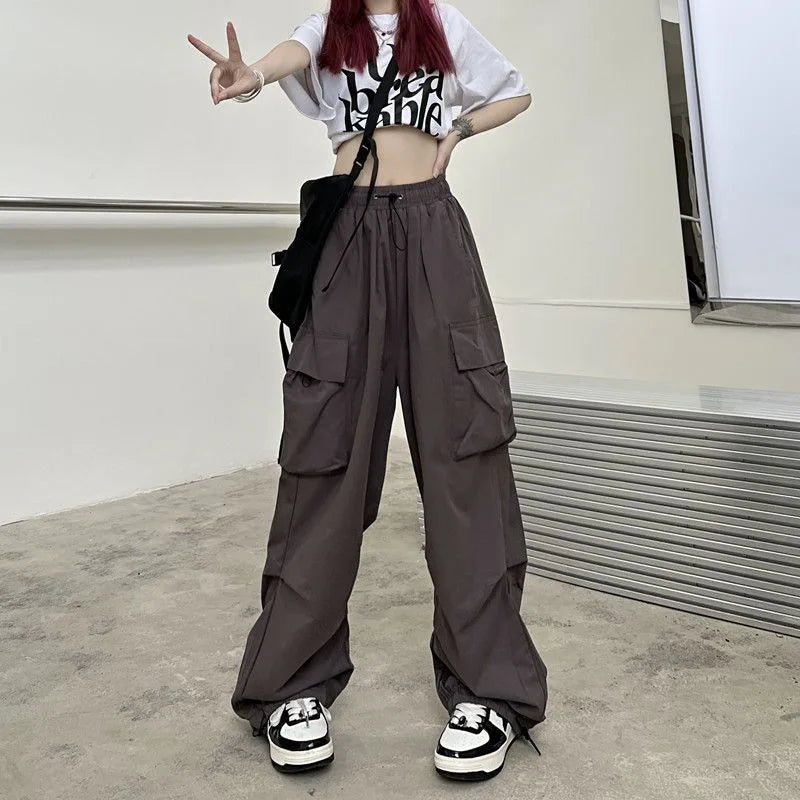 Frauen Casual Baggy Cargo Hosen Solide Low Taille Jogger Tech Hosen Kordelzug Breite Bein Baggy Hosen Y2K Streetwear Jogginghose