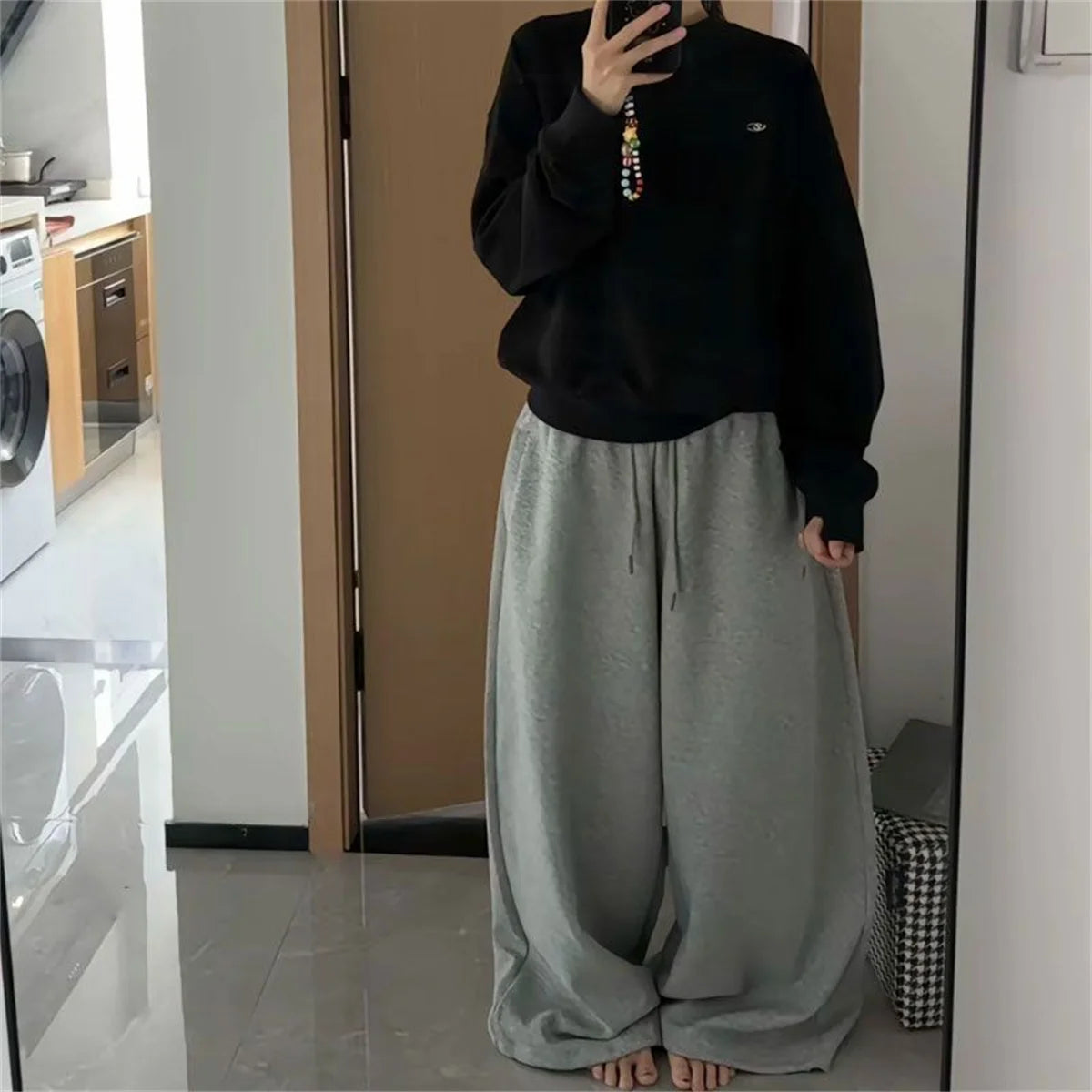 Oversize Frau Grau Schwarz Jogginghose Y2K Koreanische Streetwear Lose Beiläufige Jogger Hosen Hohe Taille Alle Spiel Kordelzug Hosen