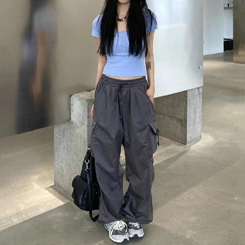 Frauen Casual Cargo Pant Feste Niedrige Taille Kordelzug Große Taschen Breite Bein Baggy Hosen Weibliche Y2K Streetwear Oversize Jogginghose
