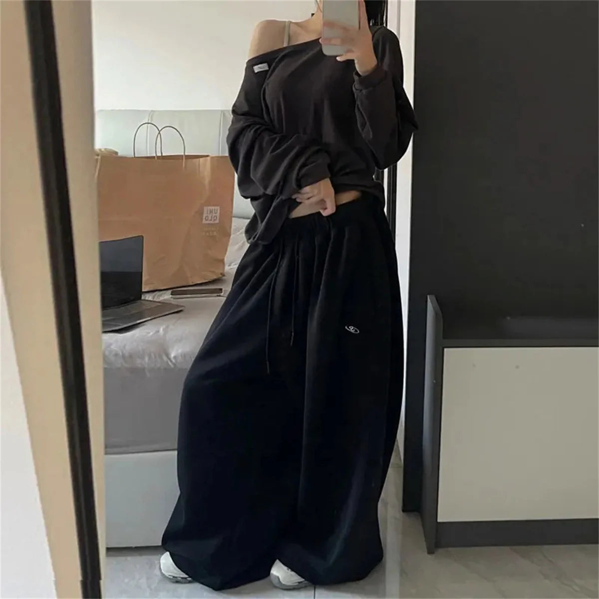 Oversize Frau Grau Schwarz Jogginghose Y2K Koreanische Streetwear Lose Beiläufige Jogger Hosen Hohe Taille Alle Spiel Kordelzug Hosen