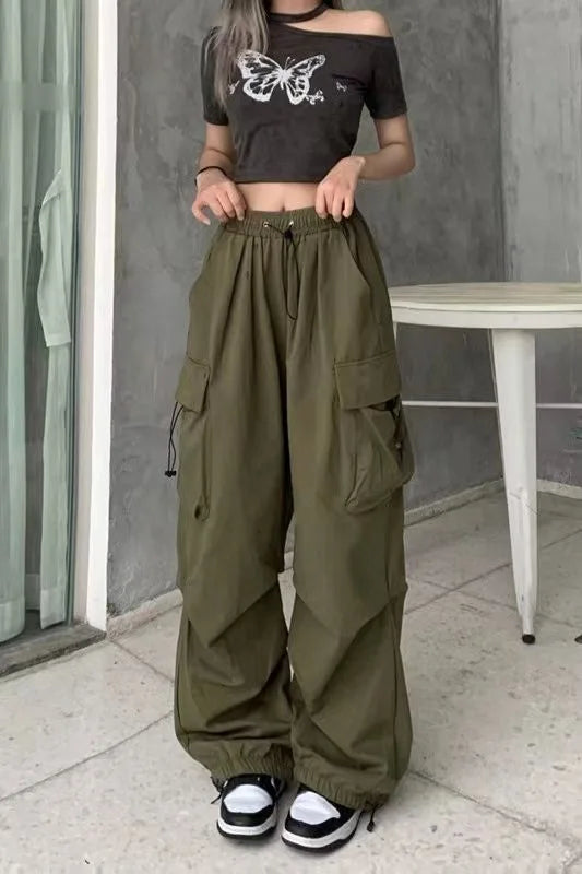 Frauen Casual Baggy Cargo Hosen Solide Low Taille Jogger Tech Hosen Kordelzug Breite Bein Baggy Hosen Y2K Streetwear Jogginghose