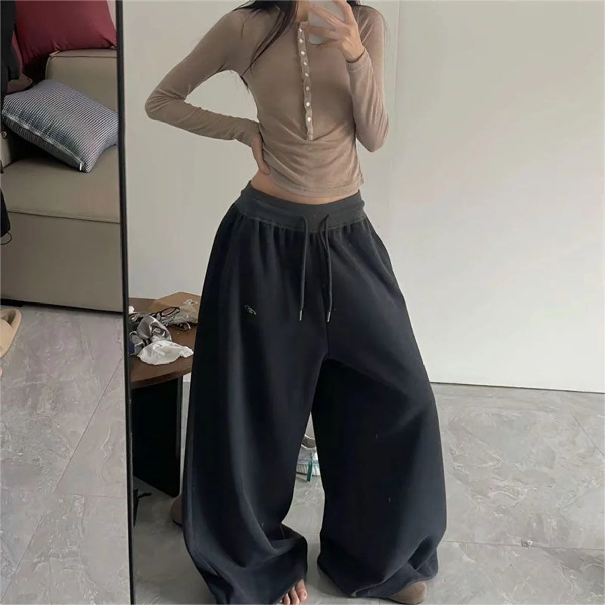 Oversize Frau Grau Schwarz Jogginghose Y2K Koreanische Streetwear Lose Beiläufige Jogger Hosen Hohe Taille Alle Spiel Kordelzug Hosen