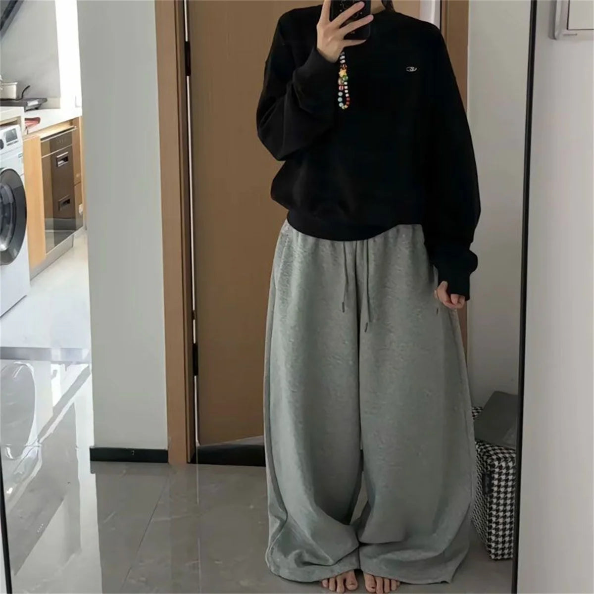 Oversize Frau Grau Schwarz Jogginghose Y2K Koreanische Streetwear Lose Beiläufige Jogger Hosen Hohe Taille Alle Spiel Kordelzug Hosen