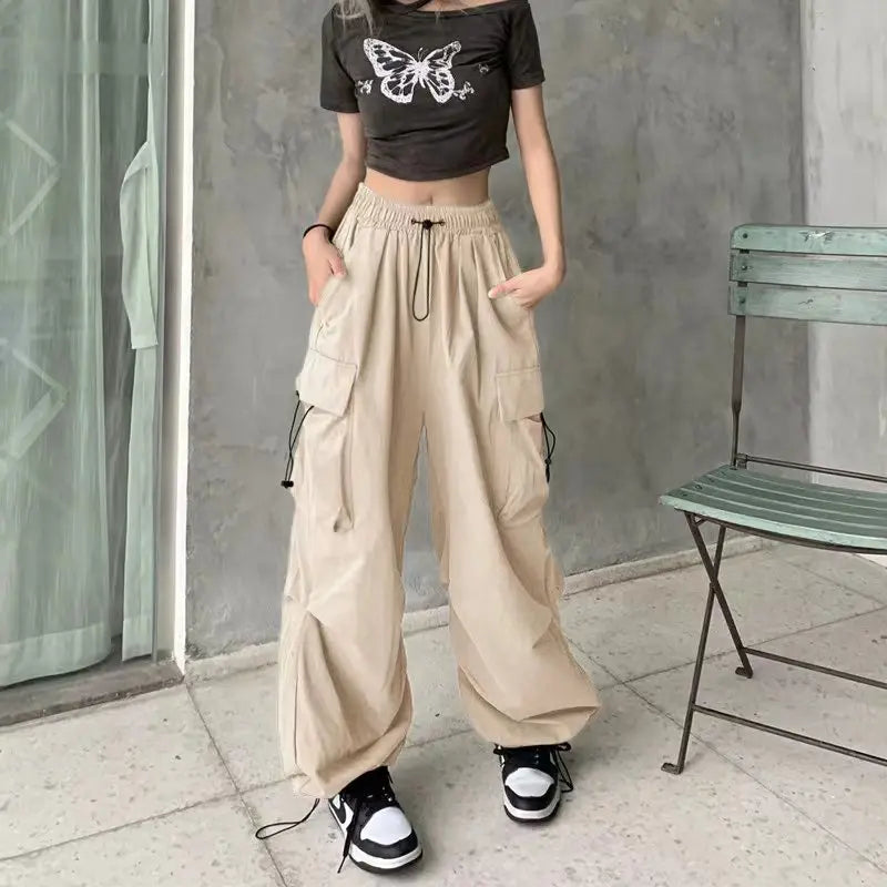 Frauen Casual Baggy Cargo Hosen Solide Low Taille Jogger Tech Hosen Kordelzug Breite Bein Baggy Hosen Y2K Streetwear Jogginghose