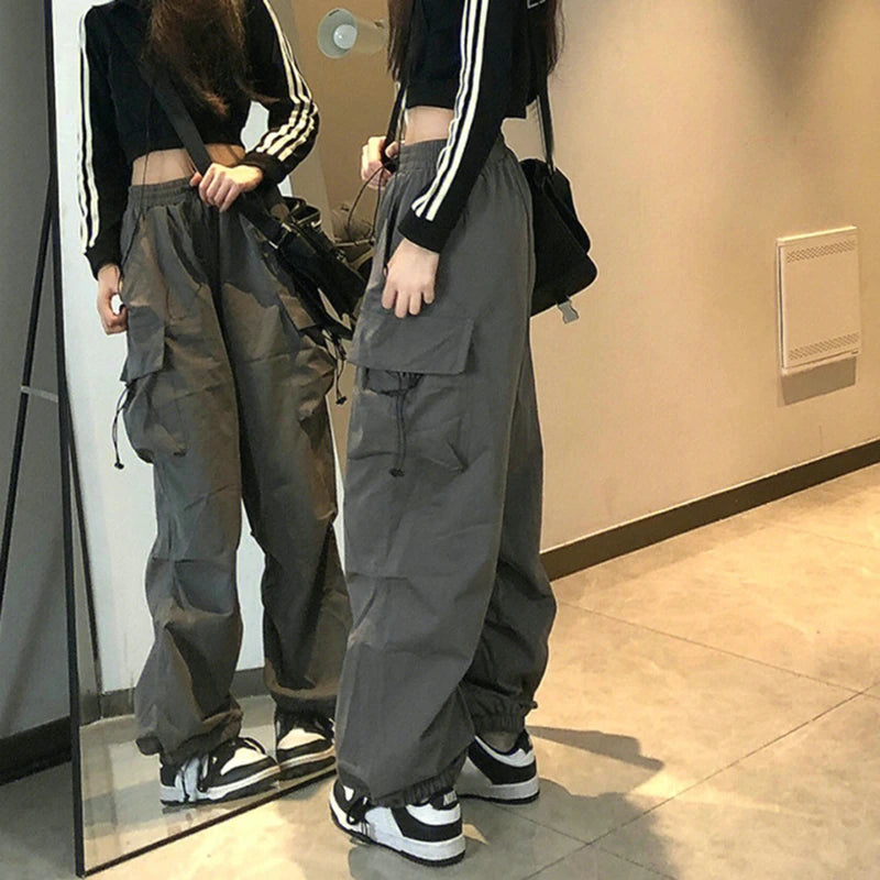 Frauen Casual Cargo Pant Feste Niedrige Taille Kordelzug Große Taschen Breite Bein Baggy Hosen Weibliche Y2K Streetwear Oversize Jogginghose