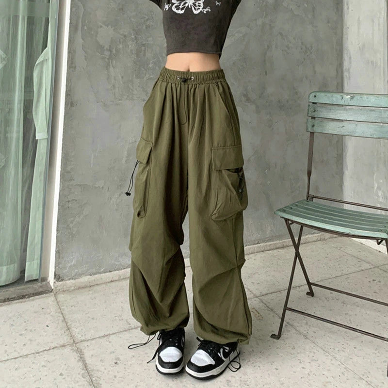 Frauen Casual Cargo Pant Feste Niedrige Taille Kordelzug Große Taschen Breite Bein Baggy Hosen Weibliche Y2K Streetwear Oversize Jogginghose