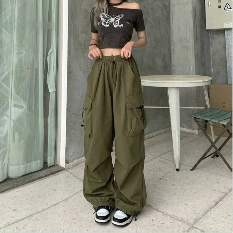 Frauen Casual Cargo Pant Feste Niedrige Taille Kordelzug Große Taschen Breite Bein Baggy Hosen Weibliche Y2K Streetwear Oversize Jogginghose