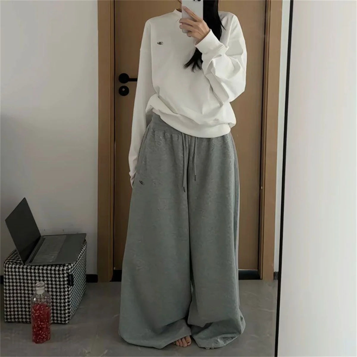 Oversize Frau Grau Schwarz Jogginghose Y2K Koreanische Streetwear Lose Beiläufige Jogger Hosen Hohe Taille Alle Spiel Kordelzug Hosen