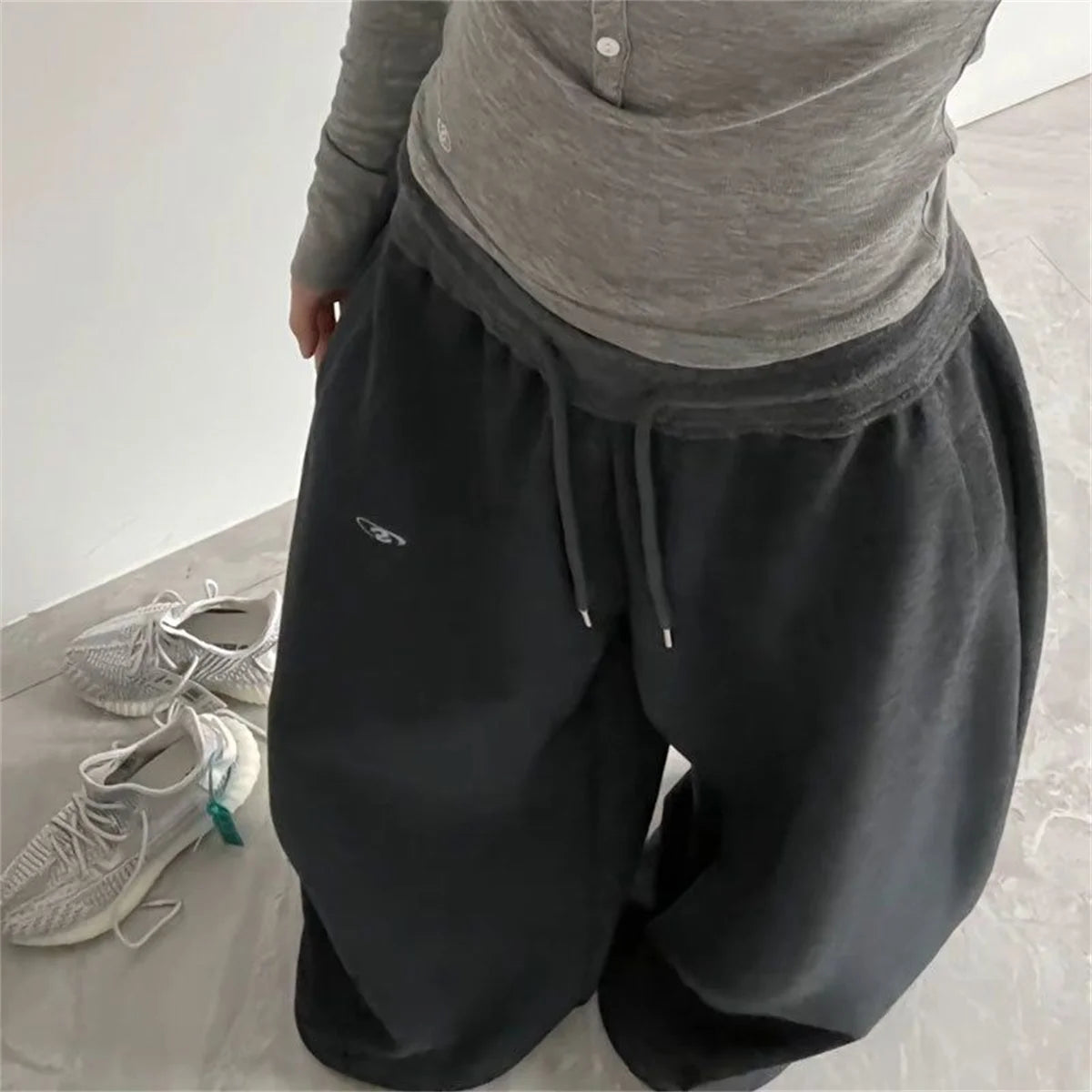 Oversize Frau Grau Schwarz Jogginghose Y2K Koreanische Streetwear Lose Beiläufige Jogger Hosen Hohe Taille Alle Spiel Kordelzug Hosen