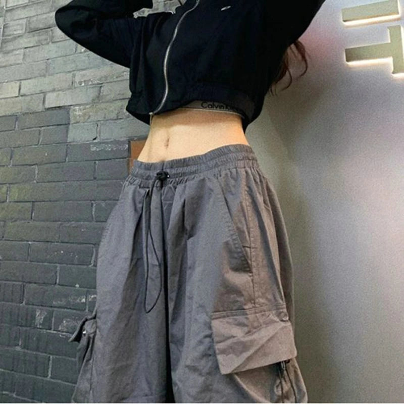 Frauen Casual Cargo Pant Feste Niedrige Taille Kordelzug Große Taschen Breite Bein Baggy Hosen Weibliche Y2K Streetwear Oversize Jogginghose