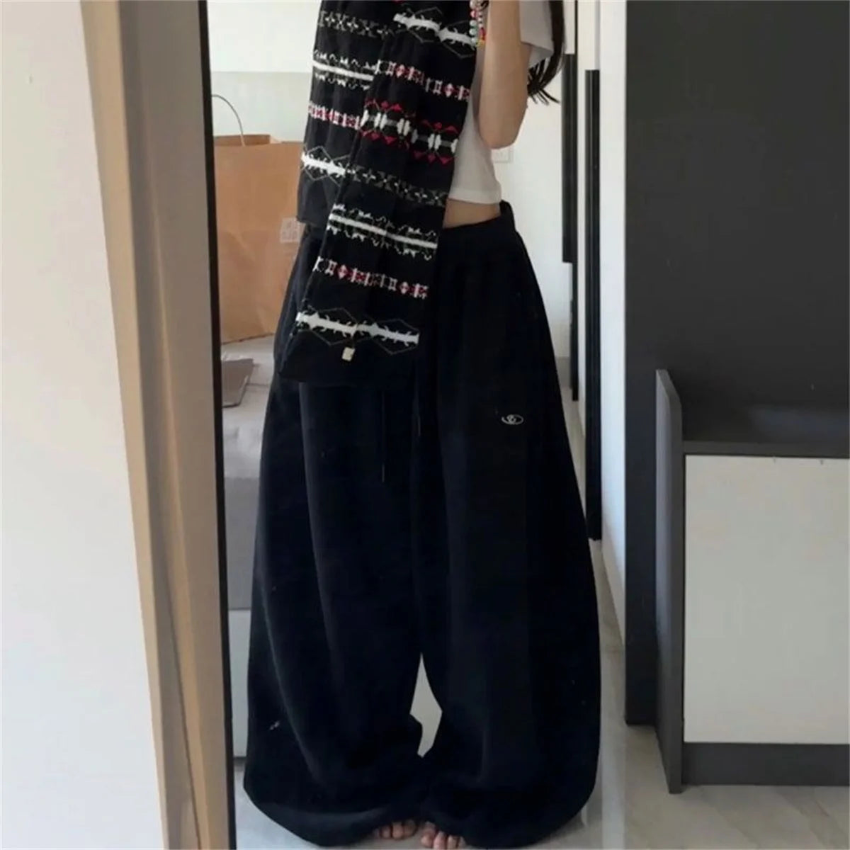 Oversize Frau Grau Schwarz Jogginghose Y2K Koreanische Streetwear Lose Beiläufige Jogger Hosen Hohe Taille Alle Spiel Kordelzug Hosen