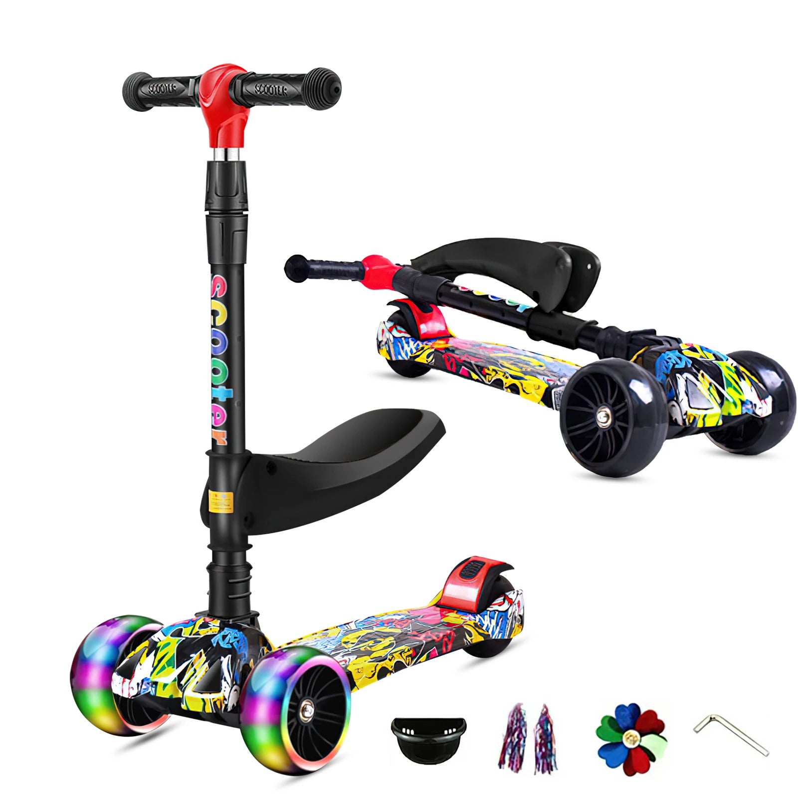 Faltbarer Kinderroller mit Pedalen, Handbremse und Bremsbelag, höhenverstellbar, für Kinder von 2-8 Jahren