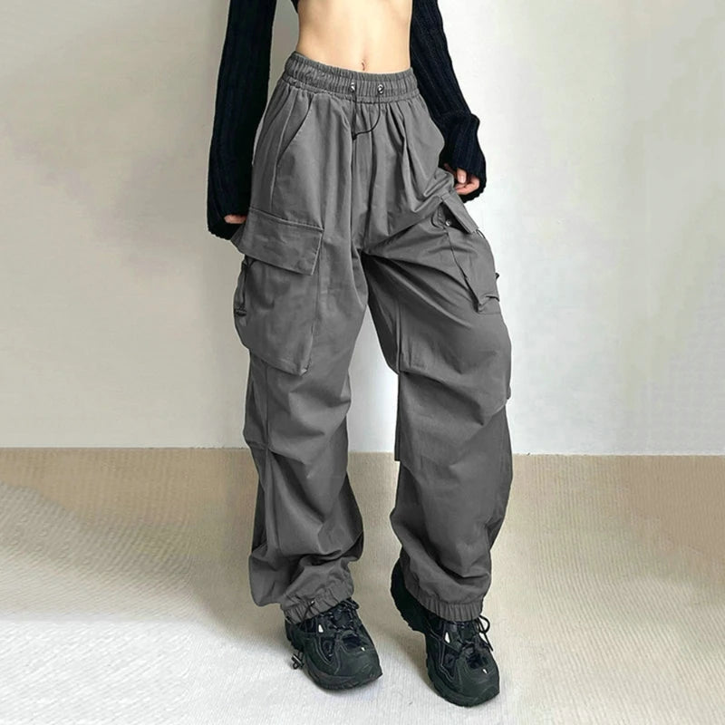Frauen Casual Cargo Pant Feste Niedrige Taille Kordelzug Große Taschen Breite Bein Baggy Hosen Weibliche Y2K Streetwear Oversize Jogginghose