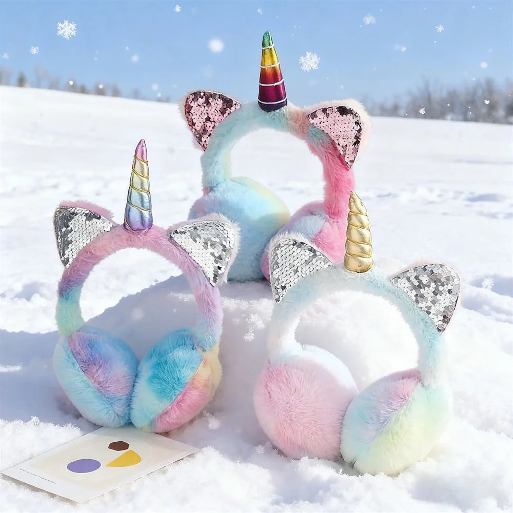 Herbst und Winter weiche Plüsch warme Einhorn-Ohrenschützer, Batik-Pailletten-Katzenohr-Ohrenschützer, schützt die Ohren vor Kälte, Weihnachtsgeschenke