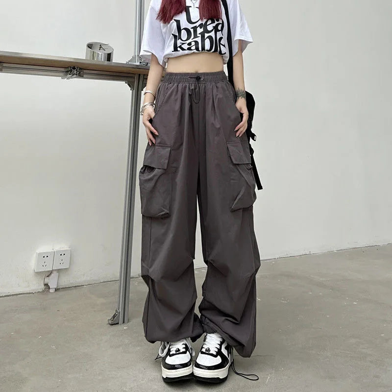 Frauen Casual Baggy Cargo Hosen Solide Low Taille Jogger Tech Hosen Kordelzug Breite Bein Baggy Hosen Y2K Streetwear Jogginghose