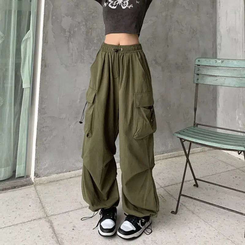 Frauen Casual Baggy Cargo Hosen Solide Low Taille Jogger Tech Hosen Kordelzug Breite Bein Baggy Hosen Y2K Streetwear Jogginghose