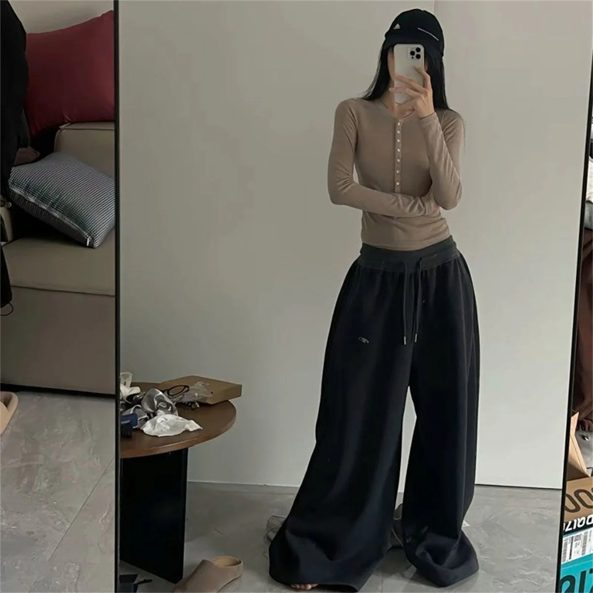 Oversize Frau Grau Schwarz Jogginghose Y2K Koreanische Streetwear Lose Beiläufige Jogger Hosen Hohe Taille Alle Spiel Kordelzug Hosen