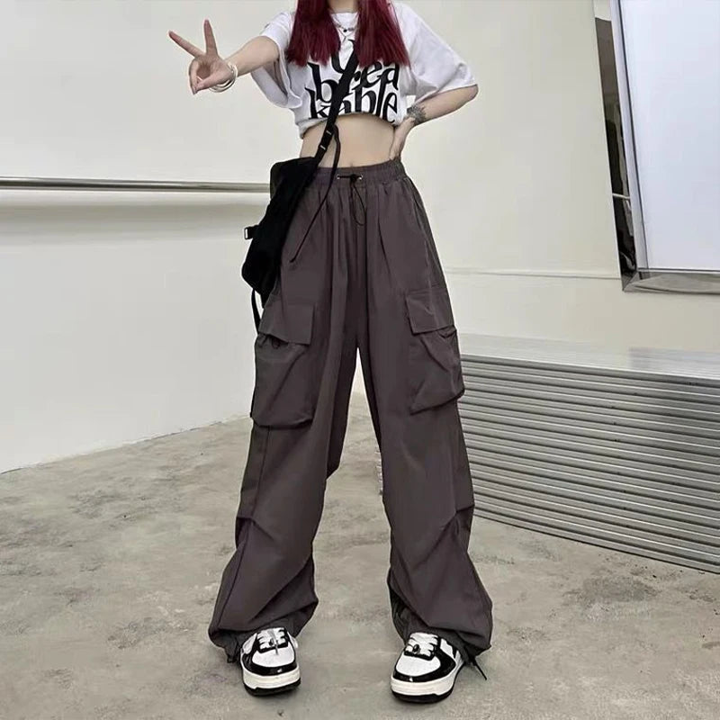 Frauen Casual Baggy Cargo Hosen Solide Low Taille Jogger Tech Hosen Kordelzug Breite Bein Baggy Hosen Y2K Streetwear Jogginghose