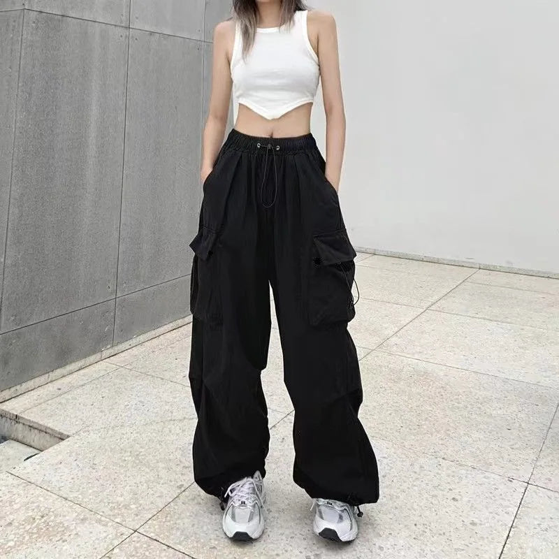 Frauen Casual Baggy Cargo Hosen Solide Low Taille Jogger Tech Hosen Kordelzug Breite Bein Baggy Hosen Y2K Streetwear Jogginghose