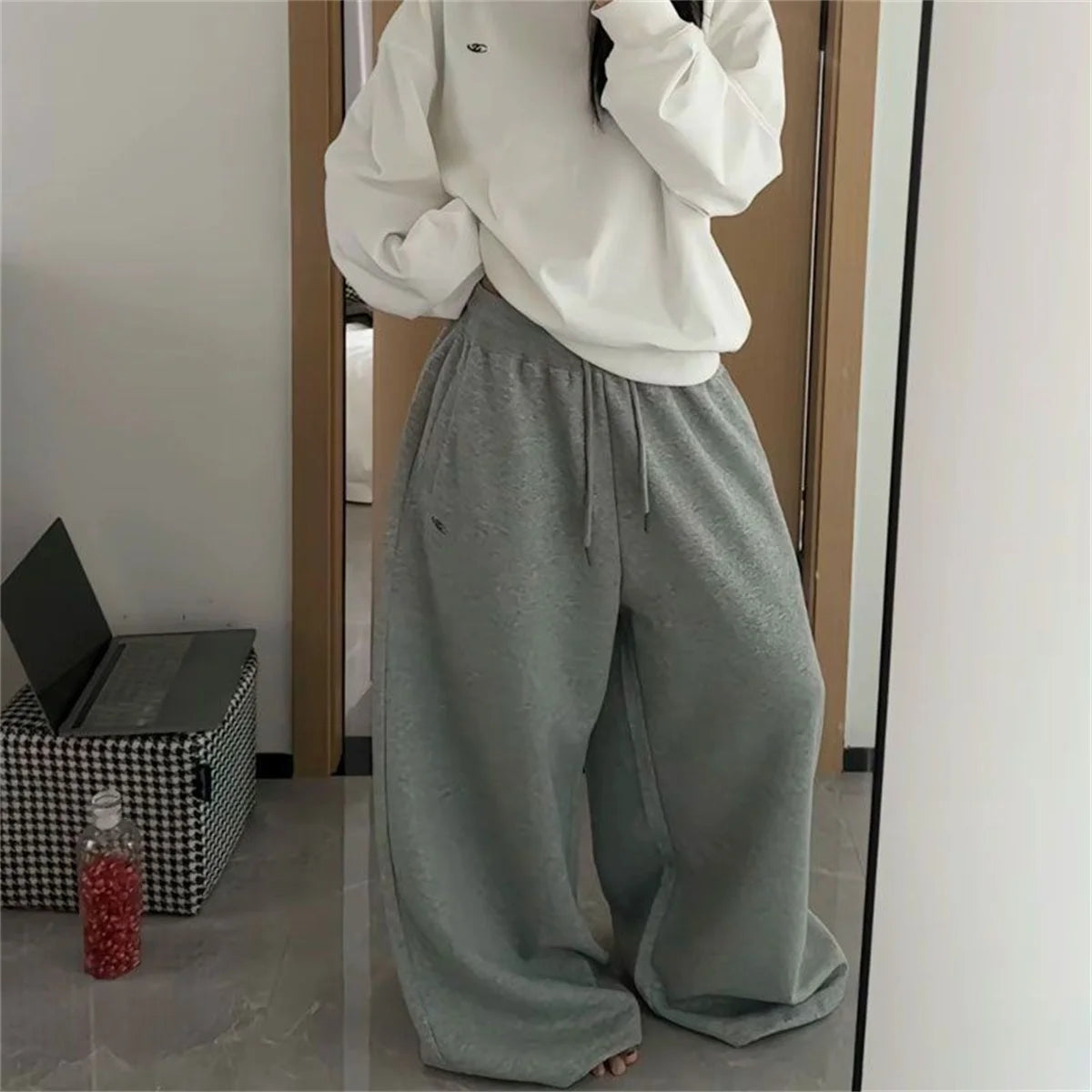 Oversize Frau Grau Schwarz Jogginghose Y2K Koreanische Streetwear Lose Beiläufige Jogger Hosen Hohe Taille Alle Spiel Kordelzug Hosen