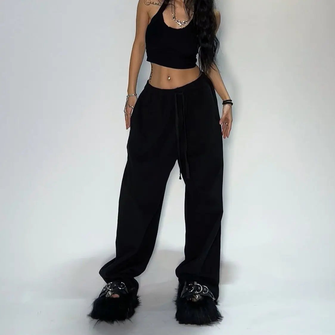 Oversize Frau Grau Schwarz Jogginghose Y2K Koreanische Streetwear Lose Beiläufige Jogger Hosen Hohe Taille Alle Spiel Kordelzug Hosen
