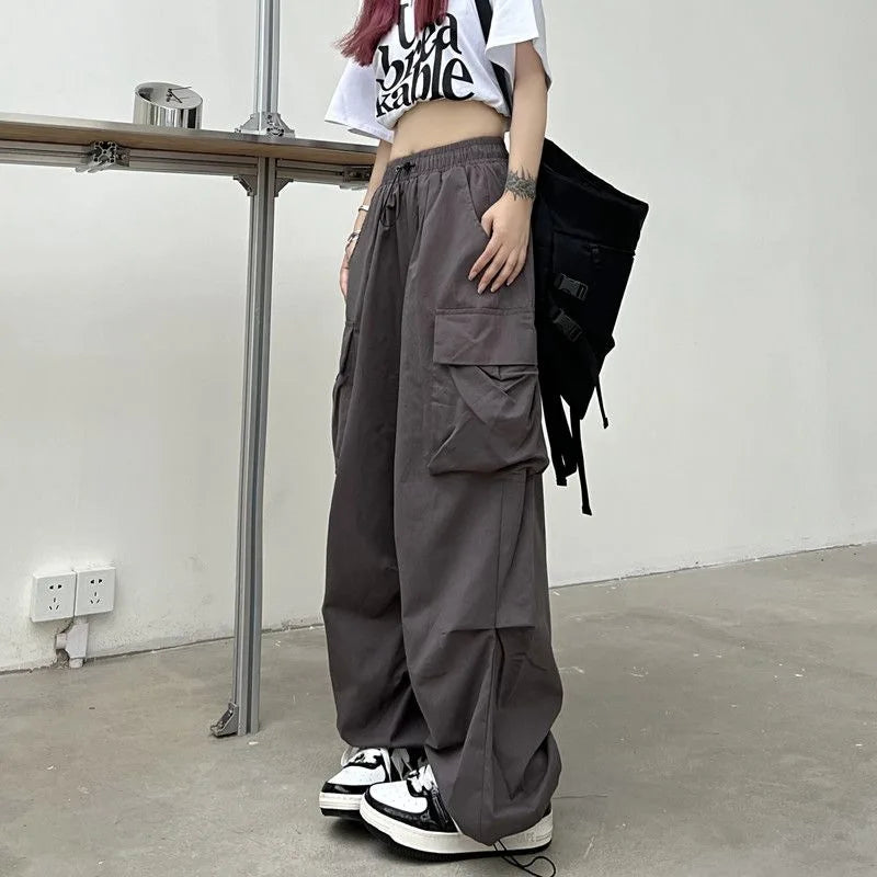 Frauen Casual Baggy Cargo Hosen Solide Low Taille Jogger Tech Hosen Kordelzug Breite Bein Baggy Hosen Y2K Streetwear Jogginghose