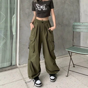 Frauen Casual Baggy Cargo Hosen Solide Low Taille Jogger Tech Hosen Kordelzug Breite Bein Baggy Hosen Y2K Streetwear Jogginghose