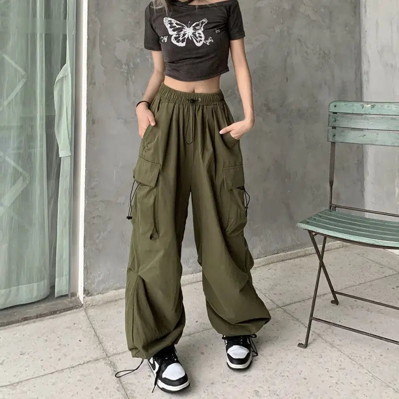 Frauen Casual Baggy Cargo Hosen Solide Low Taille Jogger Tech Hosen Kordelzug Breite Bein Baggy Hosen Y2K Streetwear Jogginghose