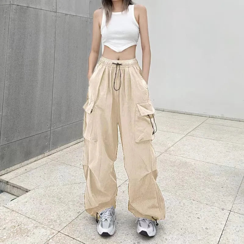 Frauen Casual Baggy Cargo Hosen Solide Low Taille Jogger Tech Hosen Kordelzug Breite Bein Baggy Hosen Y2K Streetwear Jogginghose