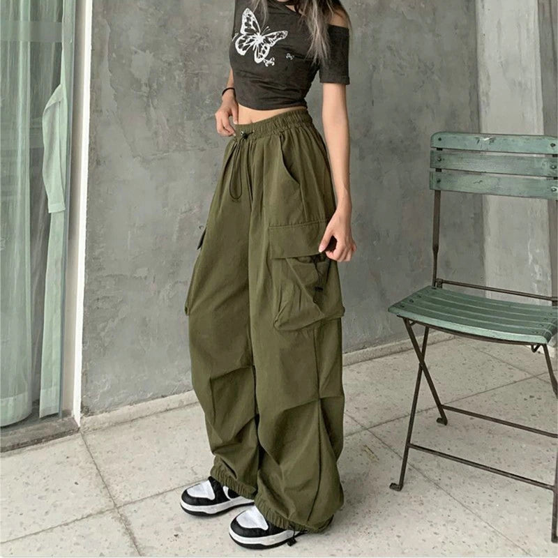 Frauen Casual Cargo Pant Feste Niedrige Taille Kordelzug Große Taschen Breite Bein Baggy Hosen Weibliche Y2K Streetwear Oversize Jogginghose