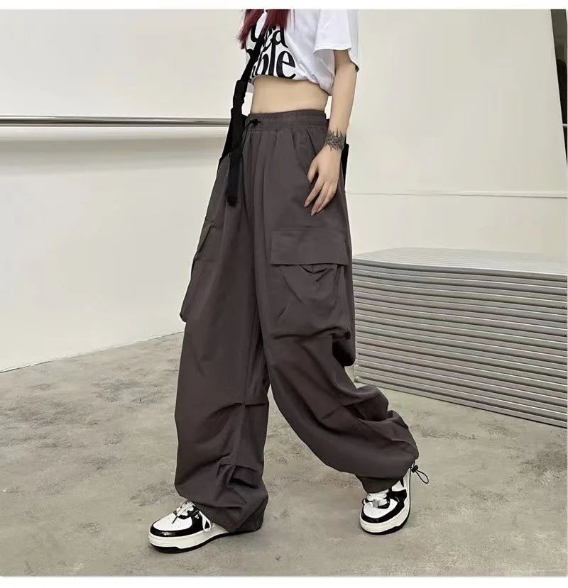 Frauen Casual Baggy Cargo Hosen Solide Low Taille Jogger Tech Hosen Kordelzug Breite Bein Baggy Hosen Y2K Streetwear Jogginghose