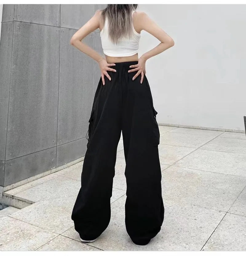 Frauen Casual Baggy Cargo Hosen Solide Low Taille Jogger Tech Hosen Kordelzug Breite Bein Baggy Hosen Y2K Streetwear Jogginghose