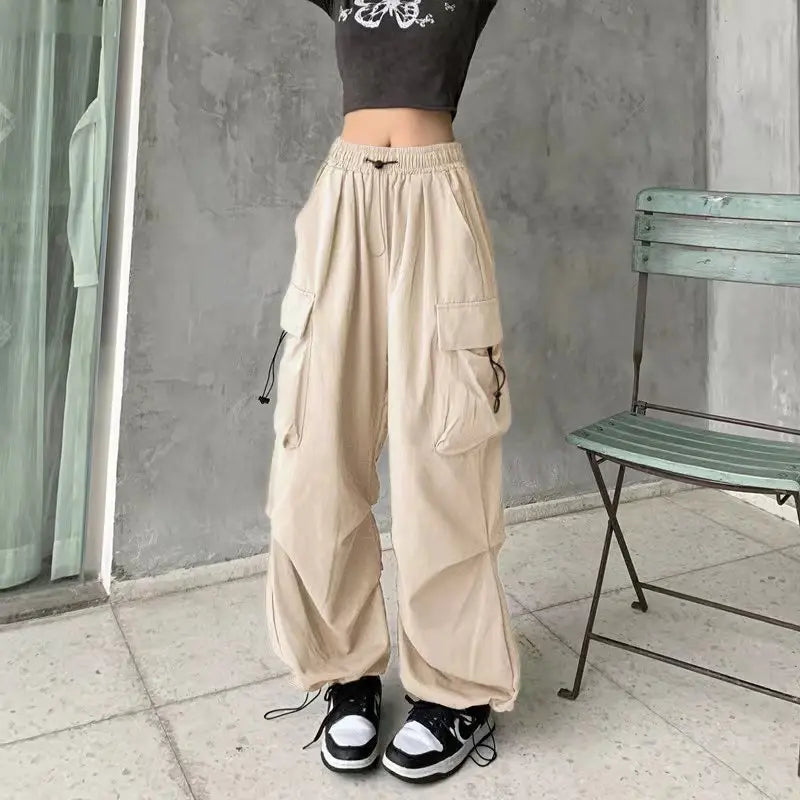 Frauen Casual Baggy Cargo Hosen Solide Low Taille Jogger Tech Hosen Kordelzug Breite Bein Baggy Hosen Y2K Streetwear Jogginghose