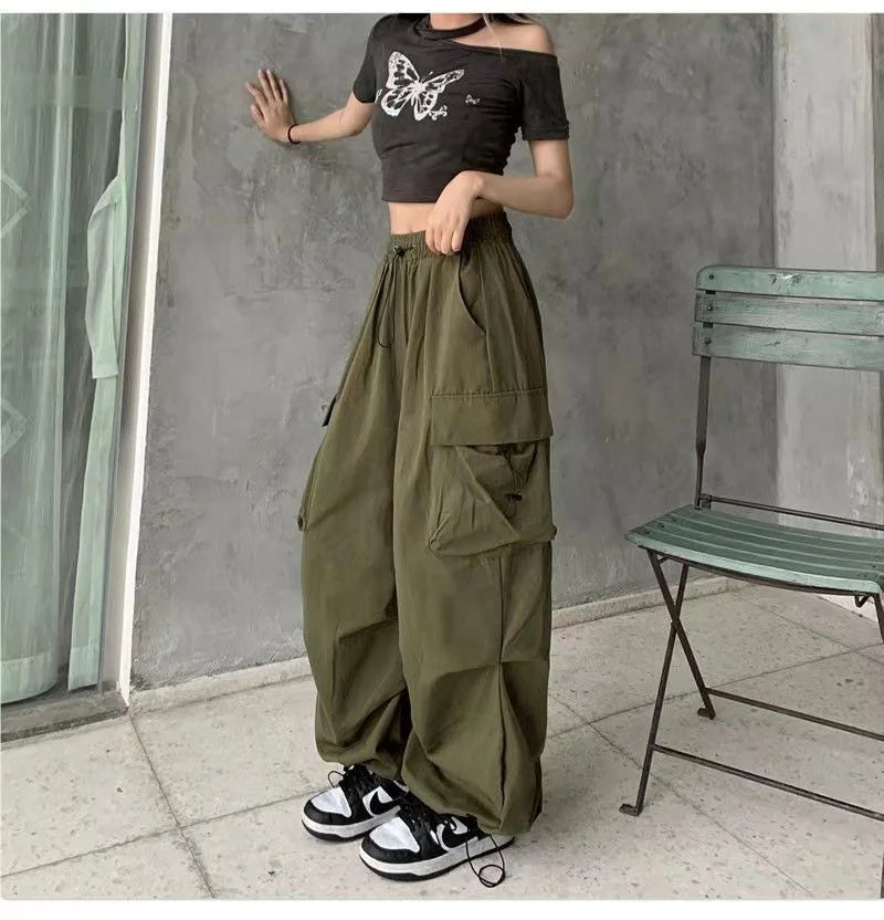 Frauen Casual Baggy Cargo Hosen Solide Low Taille Jogger Tech Hosen Kordelzug Breite Bein Baggy Hosen Y2K Streetwear Jogginghose