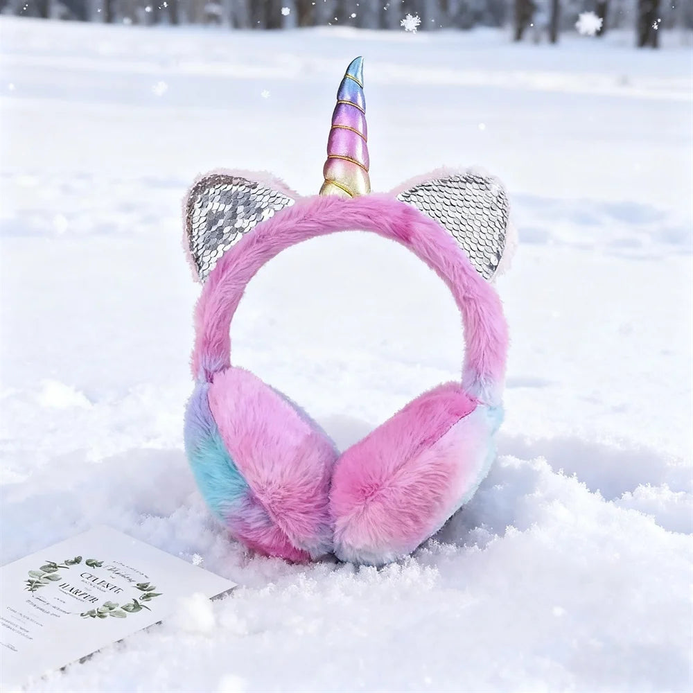 Herbst und Winter weiche Plüsch warme Einhorn-Ohrenschützer, Batik-Pailletten-Katzenohr-Ohrenschützer, schützt die Ohren vor Kälte, Weihnachtsgeschenke