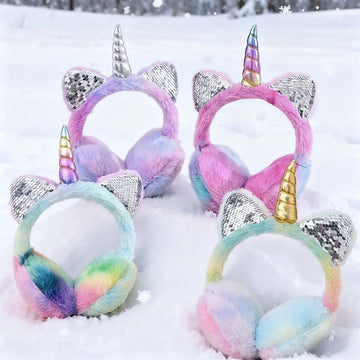Herbst und Winter weiche Plüsch warme Einhorn-Ohrenschützer, Batik-Pailletten-Katzenohr-Ohrenschützer, schützt die Ohren vor Kälte, Weihnachtsgeschenke
