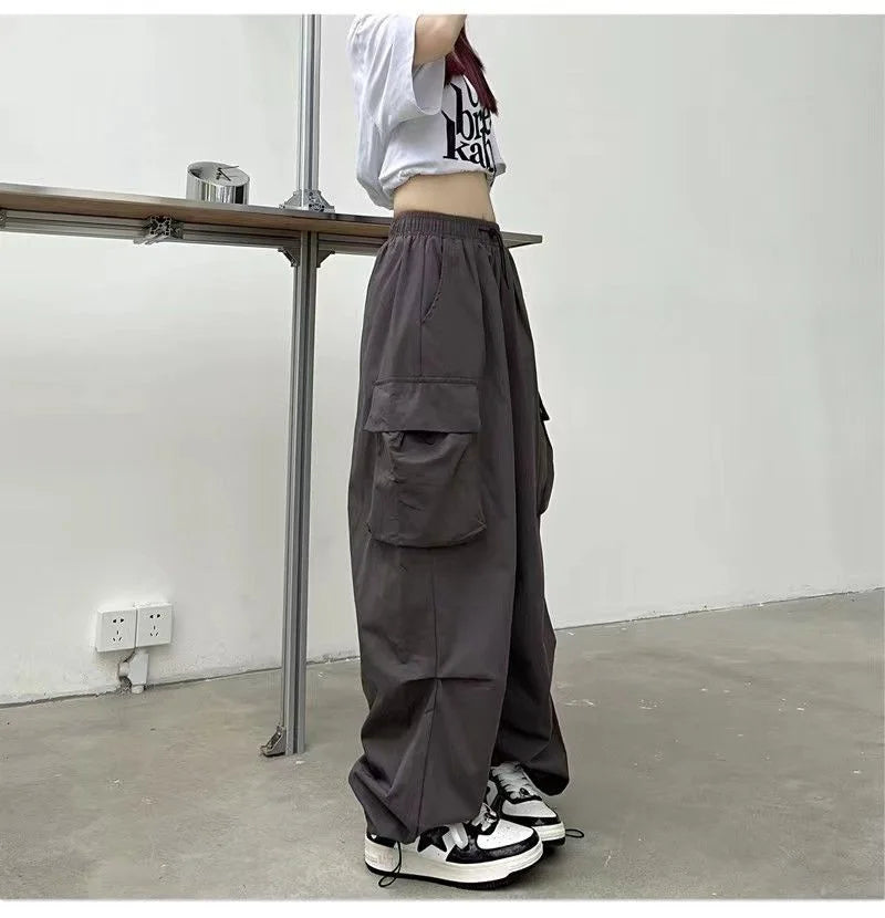 Frauen Casual Baggy Cargo Hosen Solide Low Taille Jogger Tech Hosen Kordelzug Breite Bein Baggy Hosen Y2K Streetwear Jogginghose