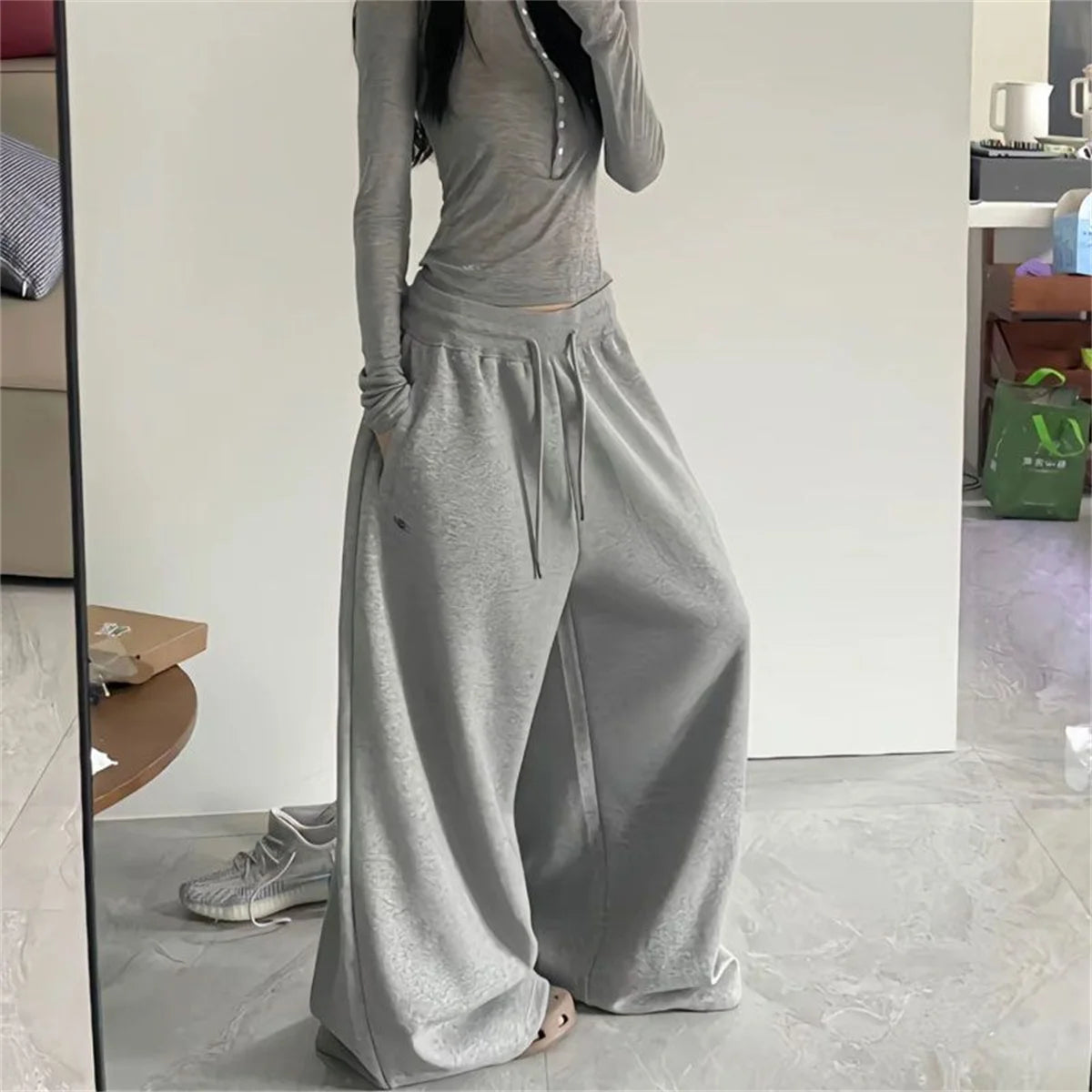 Oversize Frau Grau Schwarz Jogginghose Y2K Koreanische Streetwear Lose Beiläufige Jogger Hosen Hohe Taille Alle Spiel Kordelzug Hosen