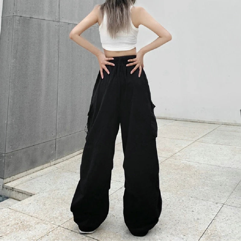 Frauen Casual Cargo Pant Feste Niedrige Taille Kordelzug Große Taschen Breite Bein Baggy Hosen Weibliche Y2K Streetwear Oversize Jogginghose