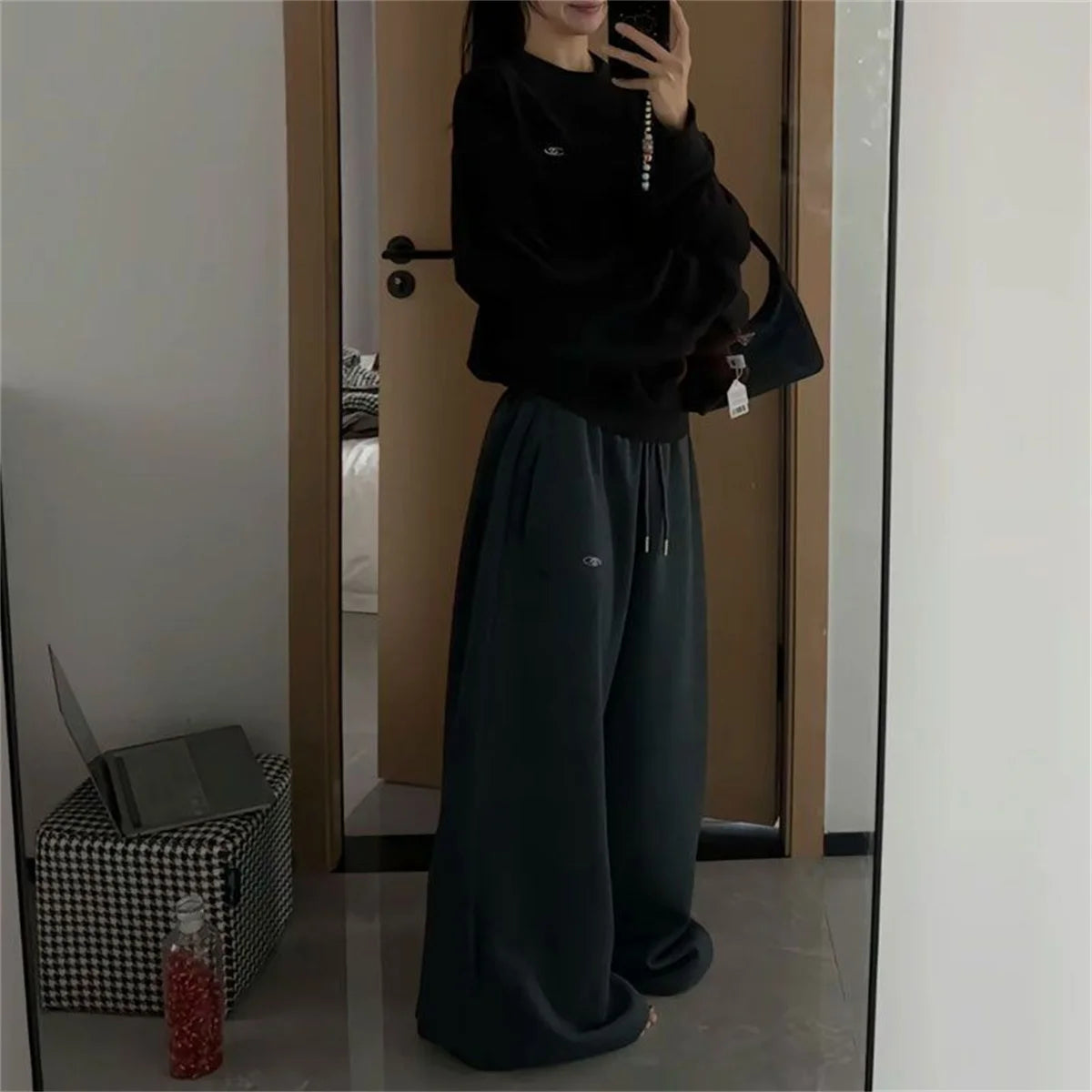 Oversize Frau Grau Schwarz Jogginghose Y2K Koreanische Streetwear Lose Beiläufige Jogger Hosen Hohe Taille Alle Spiel Kordelzug Hosen
