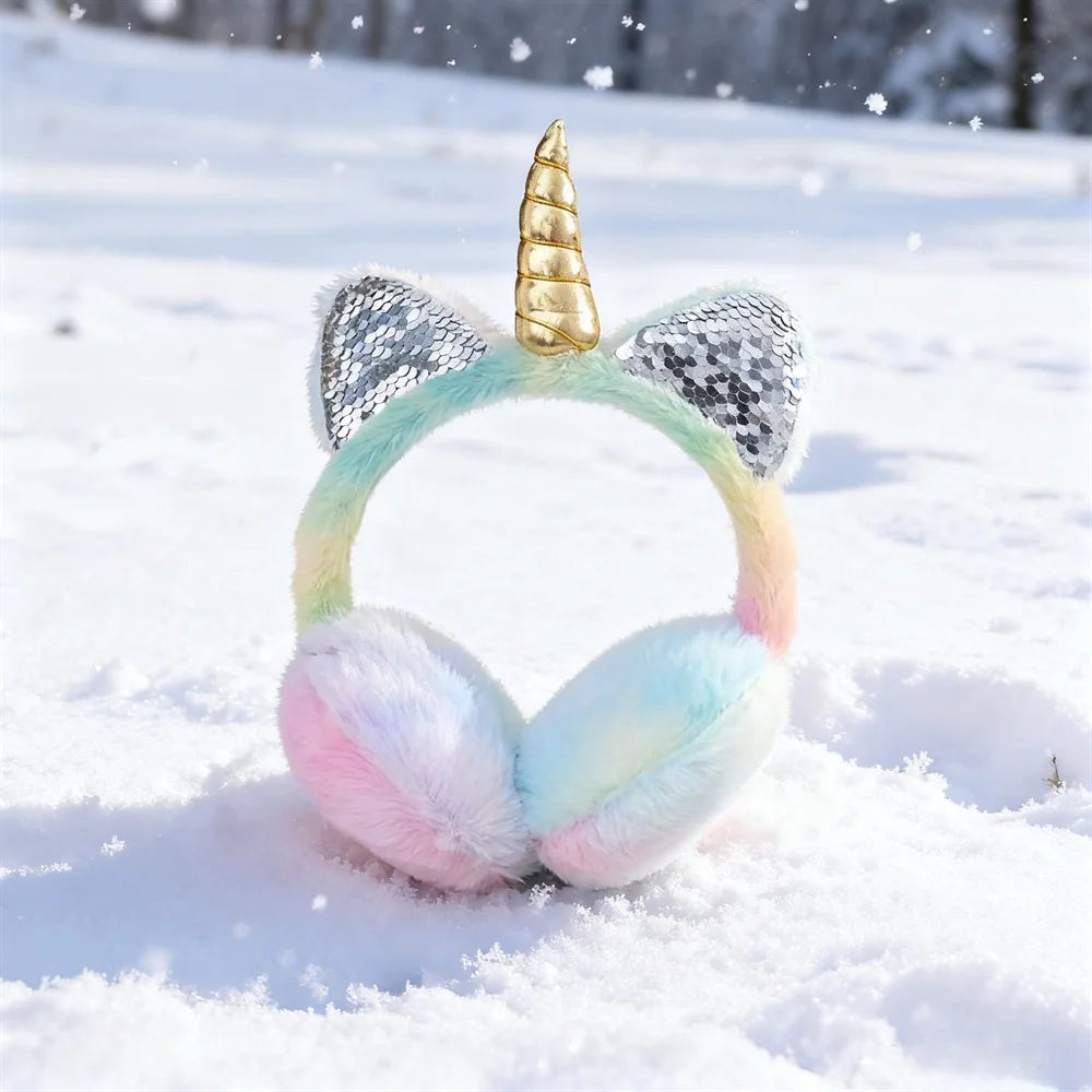 Herbst und Winter weiche Plüsch warme Einhorn-Ohrenschützer, Batik-Pailletten-Katzenohr-Ohrenschützer, schützt die Ohren vor Kälte, Weihnachtsgeschenke