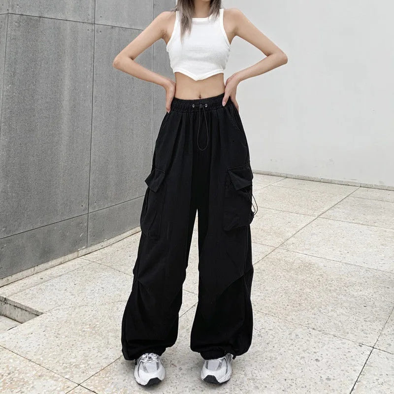 Frauen Casual Baggy Cargo Hosen Solide Low Taille Jogger Tech Hosen Kordelzug Breite Bein Baggy Hosen Y2K Streetwear Jogginghose
