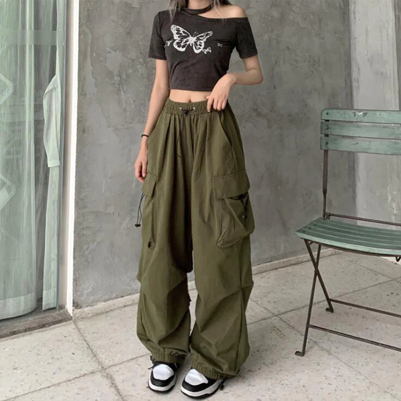 Frauen Casual Baggy Cargo Hosen Solide Low Taille Jogger Tech Hosen Kordelzug Breite Bein Baggy Hosen Y2K Streetwear Jogginghose