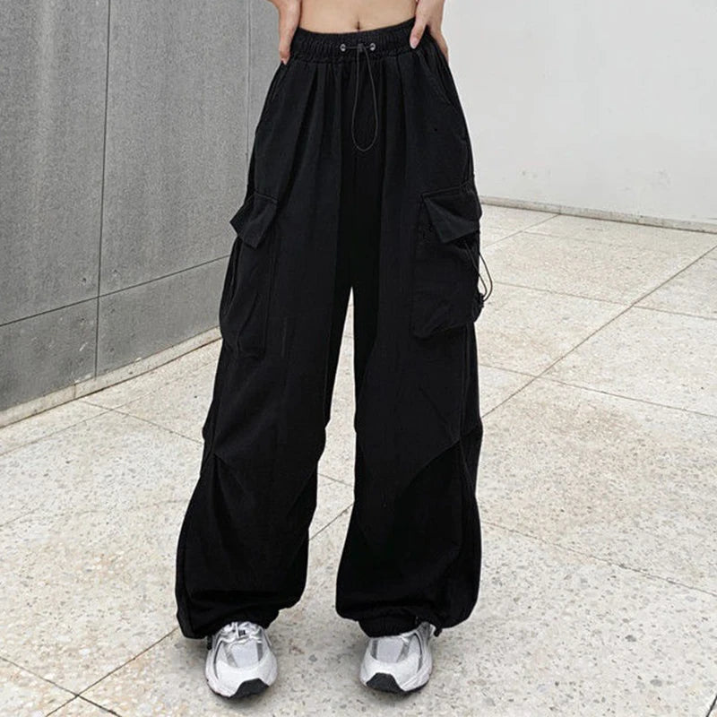 Frauen Casual Baggy Cargo Hosen Solide Low Taille Jogger Tech Hosen Kordelzug Breite Bein Baggy Hosen Y2K Streetwear Jogginghose